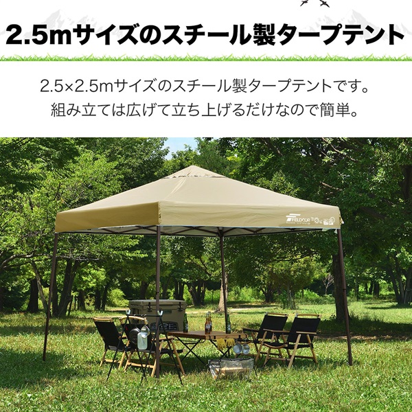 FIELDOOR ワンタッチタープテント 2.5m×2.5m 頑丈 スチール