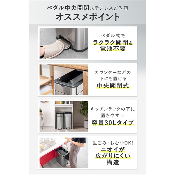 ゴミ箱 ステンレス スリム ペダル 中央開閉式 30L ごみ箱