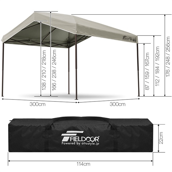 FIELDOOR ワンタッチタープテント 3m×3m 三角 切妻屋根 頑丈 スチール