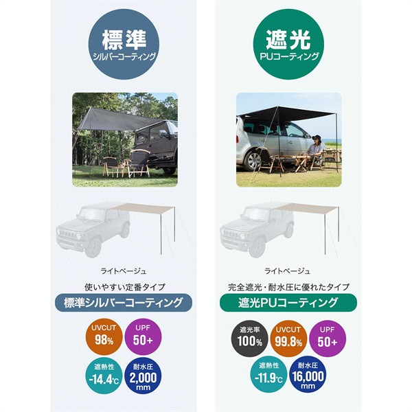 FIELDOOR カーサイドタープ 2m×2m 車 カーサイドオーニング 完全遮光